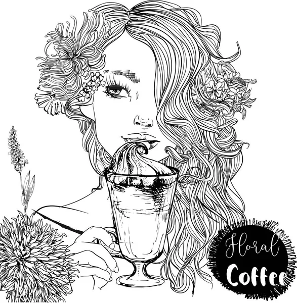 Gyönyörű lány, kávéscsésze — Stock Vector