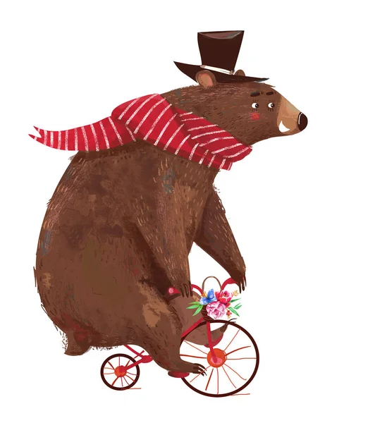 Niedlicher Cartoon-Bär mit Schal auf Fahrrad — Stockfoto