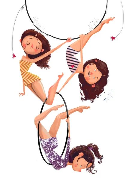 Tres gimnastas de aire de dibujos animados niñas con aro —  Fotos de Stock