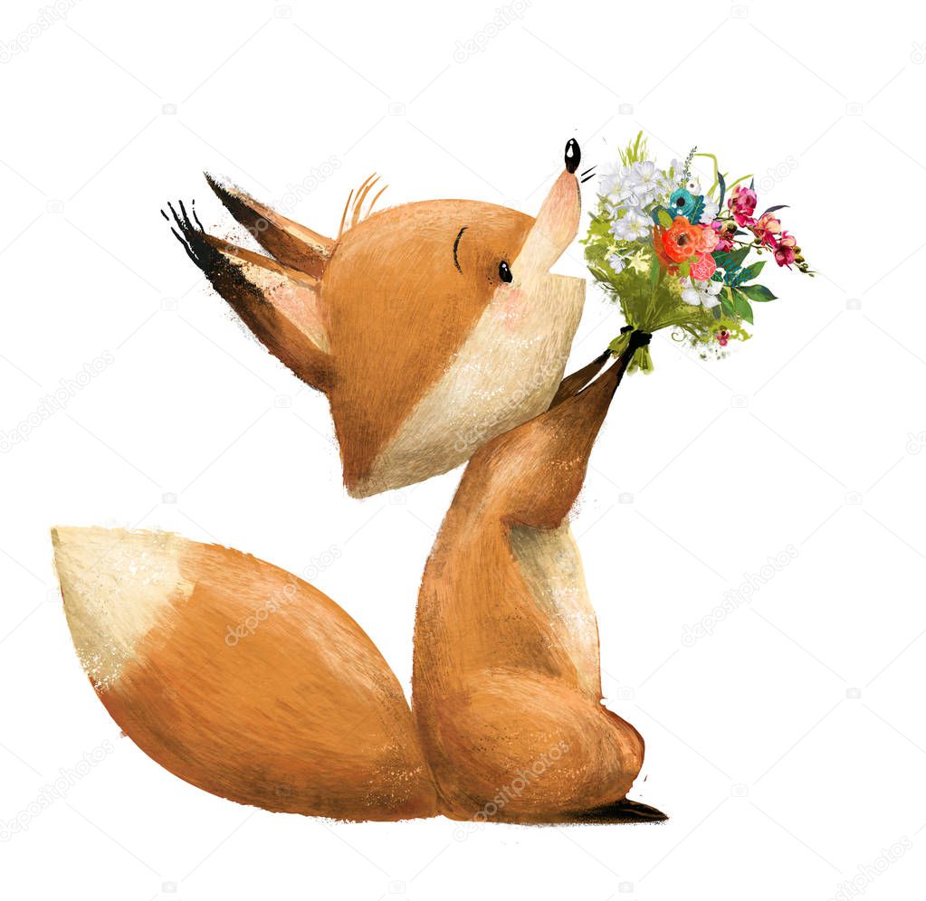 cute fox with floral bouqet