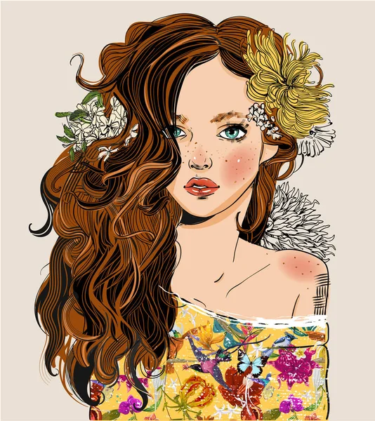 Portret van jonge mooie vrouw met bloemen — Stockvector