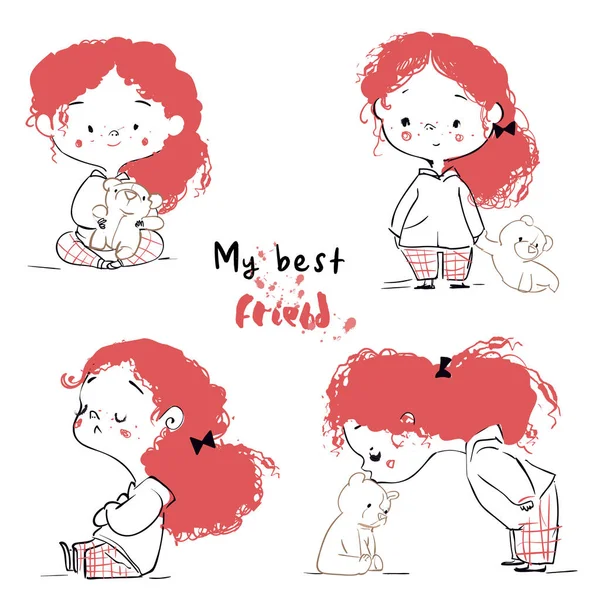 可爱的卡通女孩头发和泰迪熊 — 图库矢量图片
