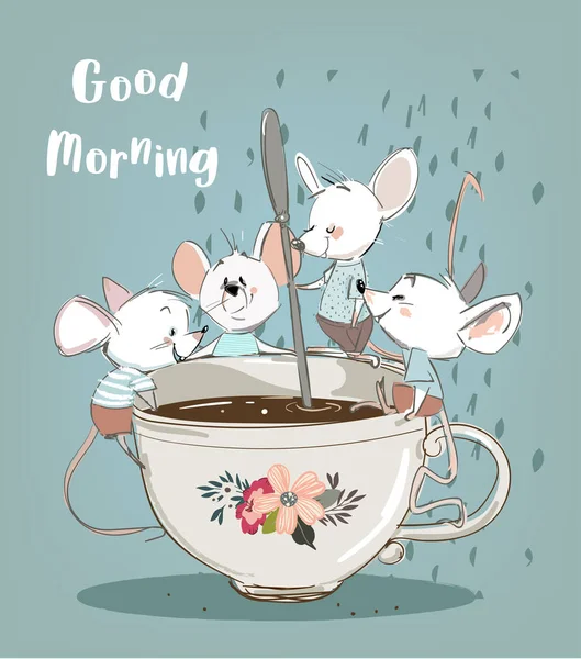 커피 한잔과 함께 하는 작은 mouses — 스톡 벡터