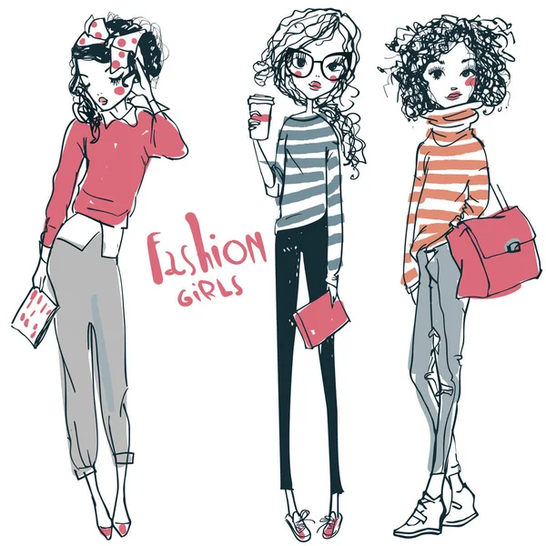 Dua kartun lucu sketsa gadis-gadis kecil fashion - Stok Vektor