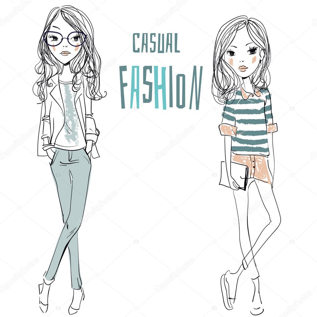 two cute cartoon sketched fashion little girls