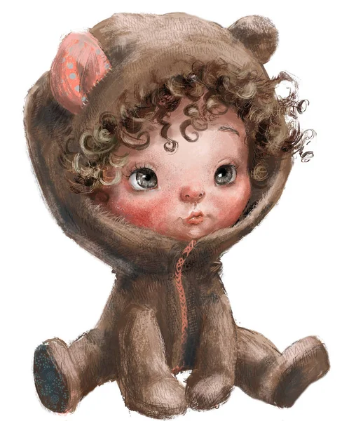 cartoon teddy bear -baby girl with curled hairs