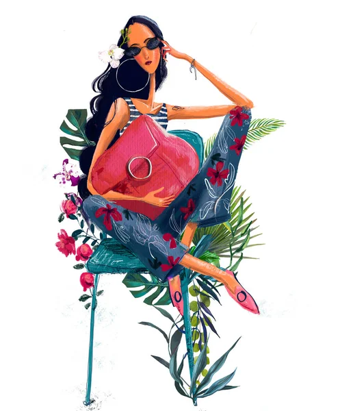 Молода красива літня жінка з тропічними квітами — стокове фото