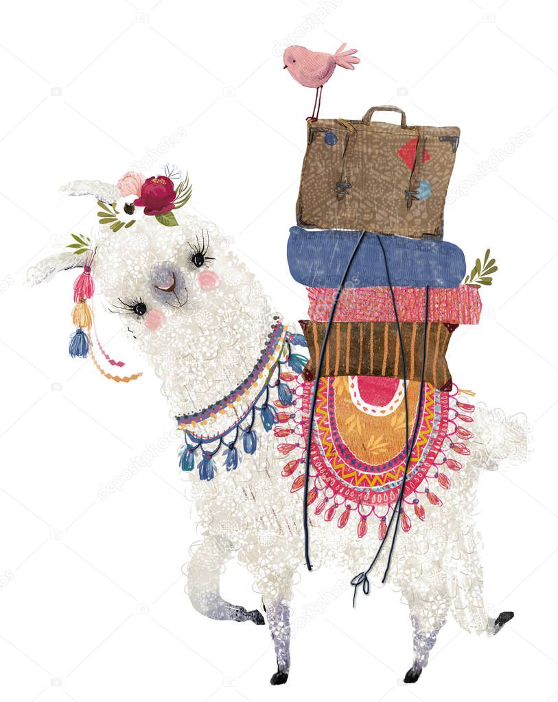 cute cartoon lama with bird and bags