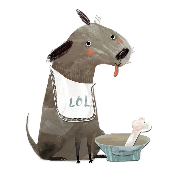 Bonito desenho animado cão com prato de comida e osso — Fotografia de Stock