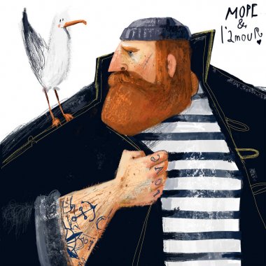 martı ve dövme ile karikatür denizci portresi