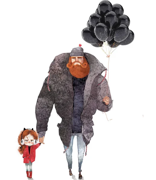 Κόκκινα μαλλιά άνθρωπος με ένα μικρό κορίτσι και μπαλόνια — Φωτογραφία Αρχείου