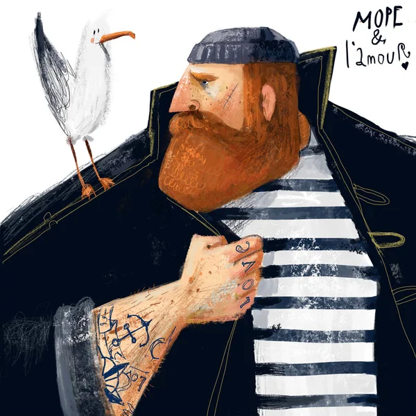 Retrato de marinheiro dos desenhos animados com gaivota e tatuagem — Fotografia de Stock