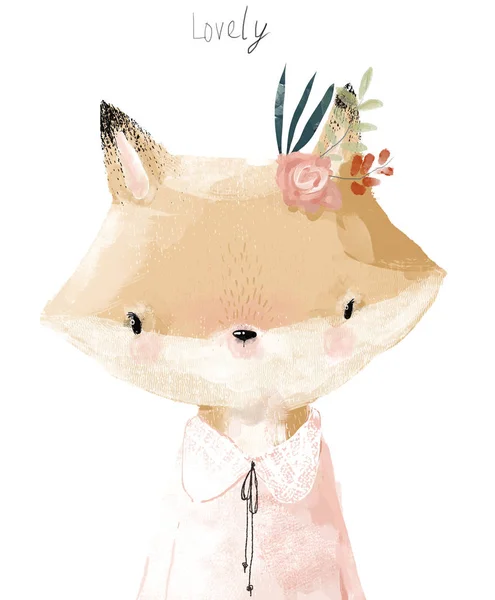 Maličká kreslená liška s květinovými věnec — Stock fotografie
