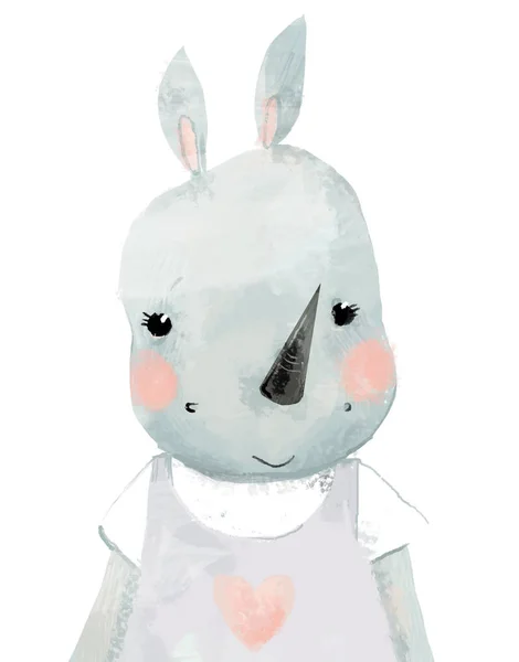 Cute naive portrait of little watercolor girl rhino — Stock Photo, Image