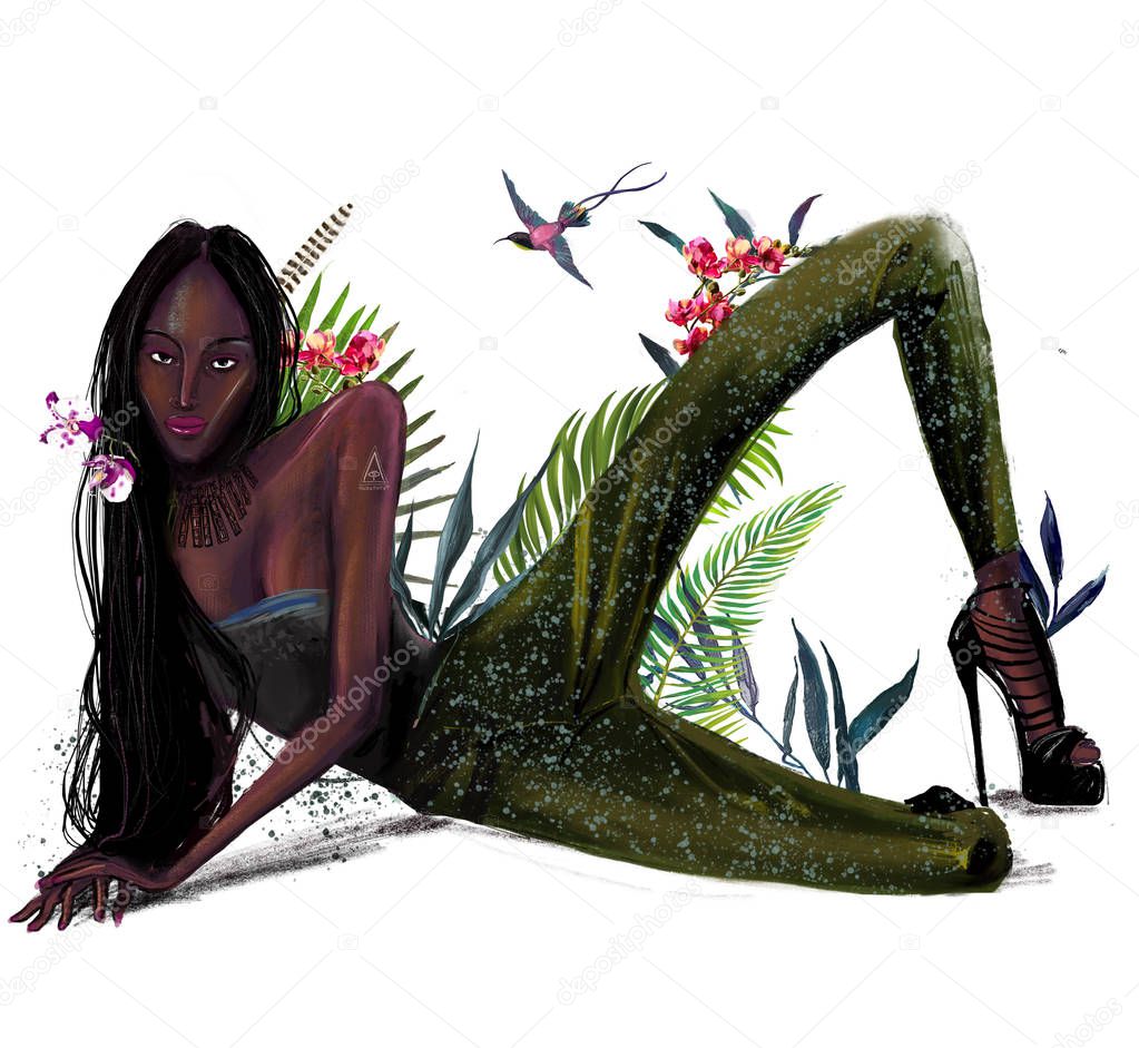 black exotic model with flowers