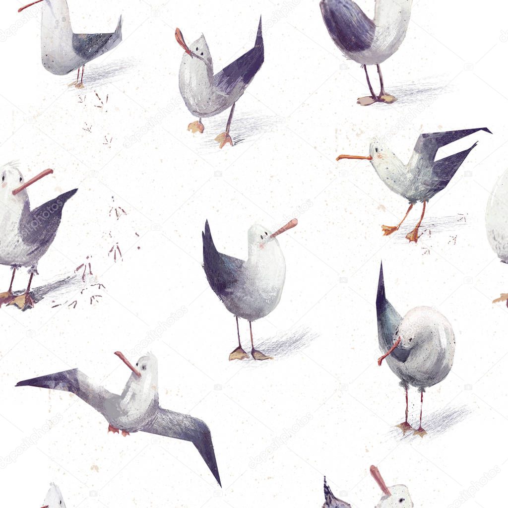 seamless pattern with cute cartoon sea gulls