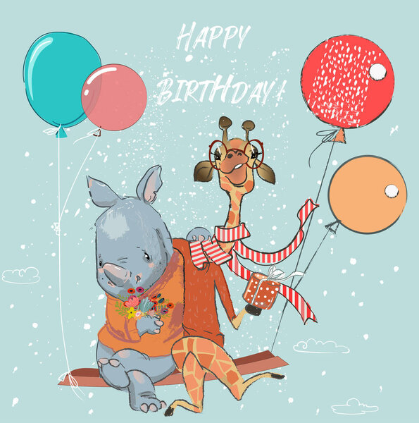 милый жираф и полет носорога с воздушными шарами