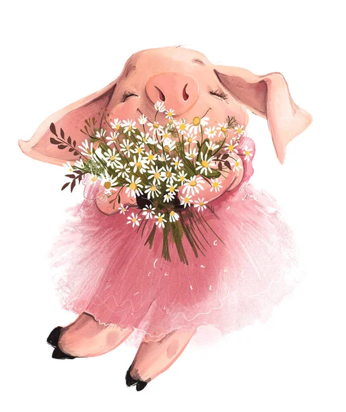 Cute lovely little pink cartoon piggy girl — Stock Photo, Image