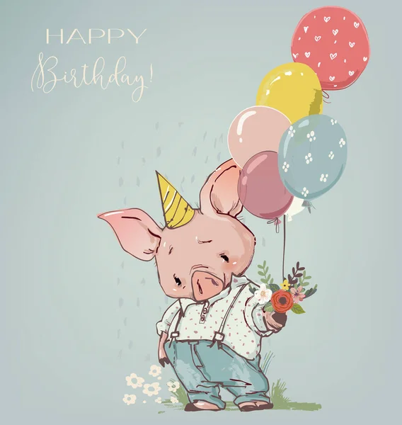 Słodkie świnia chłopiec z balony i kwiaty — Wektor stockowy