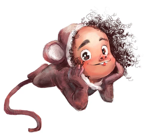 Linda chica de dibujos animados en traje de monos — Foto de Stock