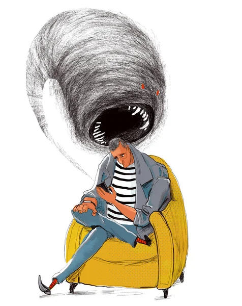 Człowiek z kreskówek potwór ze smartfona — Zdjęcie stockowe
