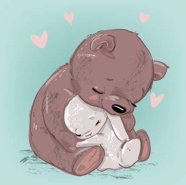 Tatlı çizgi film ayısı ve küçük tavşan.