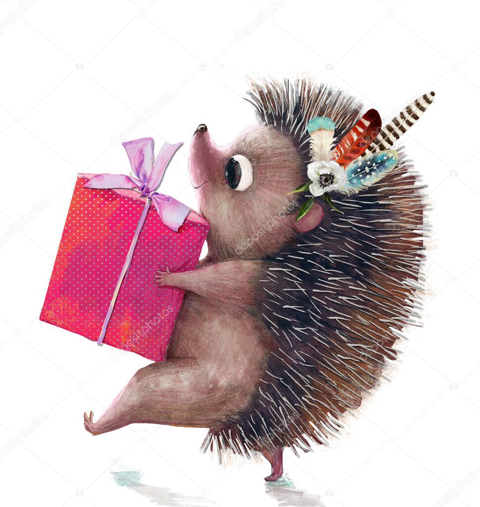 cute hedgehog with present birthday box