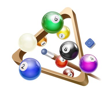 Üçgen Raf Vektör illüstrasyon kartları, Posterler için hazır ile Uçan Bilardo Topu. Havuz Snooker Oyunları.