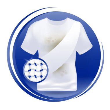 T-shirt temiz simgesi. sembol, logo, işaret, etiket, etiket, etiket, afiş. Yuvarlak Stil grafik tasarım şablonu. İzole arka plan. Çamaşır tozu ürünü için üretmiş. Vektör çizimi.