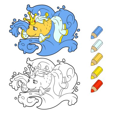 Altın dalgalar üzerinde balık dilek. Çocuk kitabı için vektör karikatür illüstrasyon. 