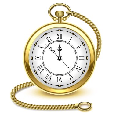 Vintage altın cep saati ve zinciri, beyaz arka plan, vektör illüstrasyon izole.