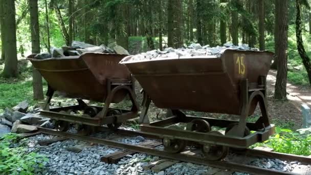 Taşlar Madencilik Arabası Ormandaki Eski Terk Edilmiş Maden Arabası — Stok video