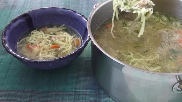 チキン ヌードル スープ 伝統的なチキン スープ ボウルでお召し上がりいただけます — ストック動画