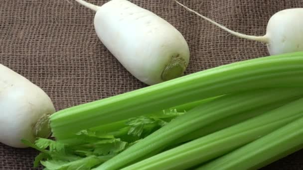 Verduras Frescas Rábano Apio Hortalizas Sin Cocer — Vídeos de Stock