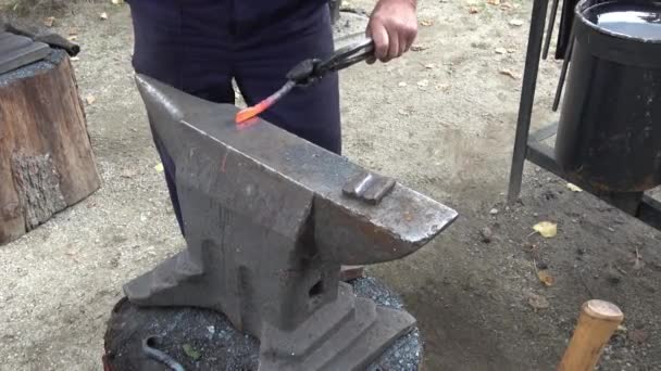 Smid Smeden Handmatig Gloeiende Metalen Het Aambeeld Smithy — Stockvideo