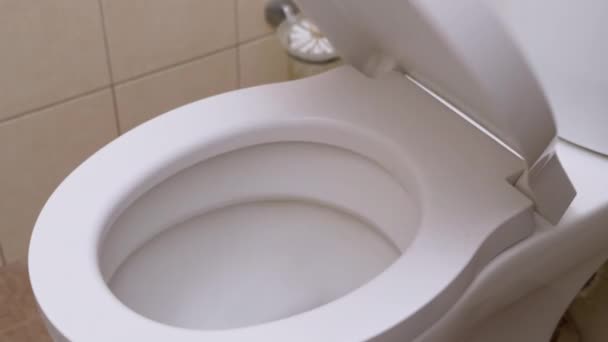 Bajando la tapa del inodoro. Tapa de inodoro de cierre automático. WC se cierra suavemente. — Vídeos de Stock