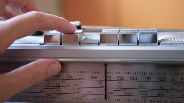 Finger Presses Stop Button on an Old Retro Vintage Tape Recorder or Radio — 비디오