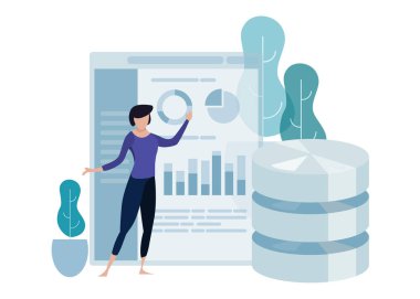 Veri bilim büyük veritabanı teknolojisi kavramı. Çevre dostu yeşil yaprak. Kadın açıklamak sunan grafik analytics.