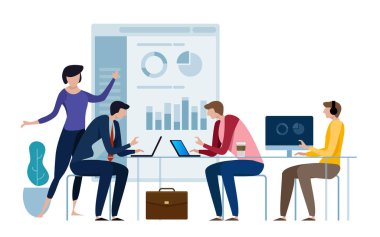 Kurumsal İş Yöneticisi Yönetim kuruluna çeyrek rapor verilerini açıklayan. Birlikte sağlanması hedef çalışma. Finansal sonuçlar. Düz stil vektör çizim üzerinde beyaz izole.