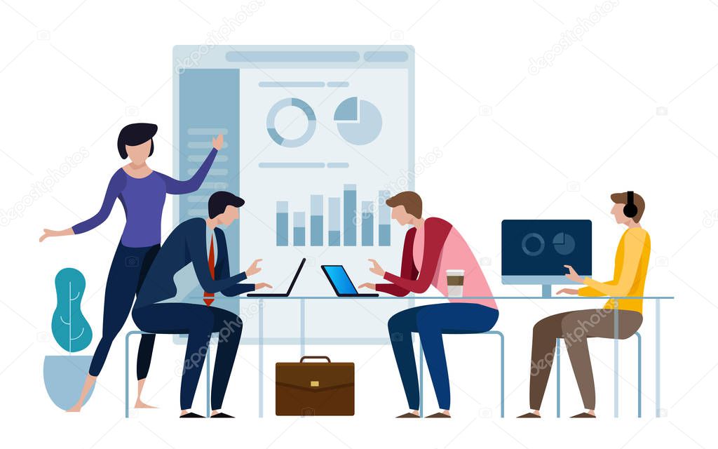 Corporate business manager explaining quarter report data to directors board. Working together achieving target. Financial results. Flat style vector illustration isolated on white.