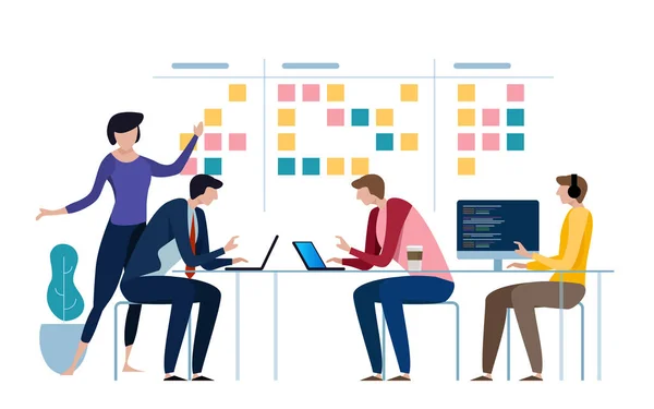 Agile business team van programmeurs werken en maak een planning op het bord van scrum. Whiteboard en proces teamwork, regeling methodologie. Vectorillustratie — Stockvector