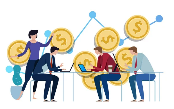 Gestão de investimentos. Empresários discutindo os gráficos e gráficos que mostram os resultados de seu trabalho em equipe bem sucedido —  Vetores de Stock