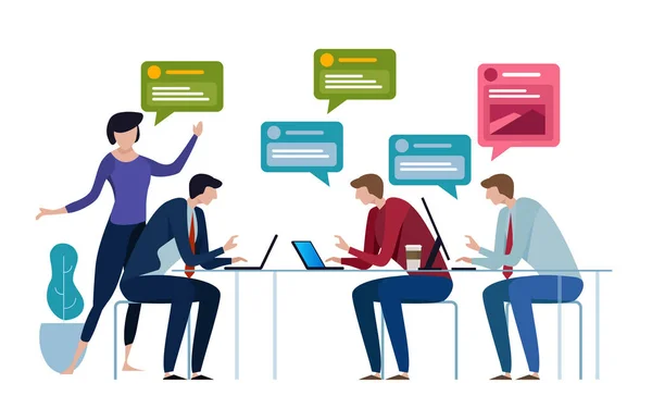 Chat group speech bubble. business people working in office talk to each other. Vector illustration — Stock Vector