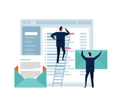 İş adamı ayakta geniş ekran görünüyor. Veri analizi, e-posta kontrol. Dijital teknolojileri, bilgisayar aygıt. merdiven küçük insanlar. düz tasarım. Vektör çizim.