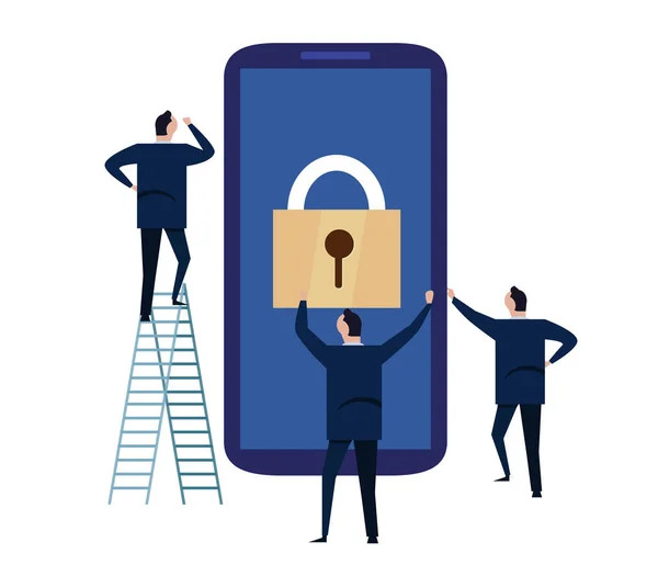 Κινητή συσκευή ασφαλείας. έννοια της ασφάλειας στον κυβερνοχώρο. προστασία προσωπικών στοιχείων και δεδομένων με το smartphone. απεικόνιση του τηλέφωνο με μεγάλη οθόνη με λουκέτο χρησιμοποιείται από ανθρώπους των επιχειρήσεων — Διανυσματικό Αρχείο