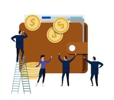 küçük insanlar iş adamı etrafında ile büyük cüzdan. ofis para doları nakit yönetimi kavramı