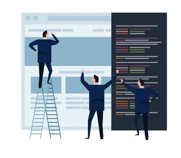 Web rozwoju i sieci web zespołu projektowego i ludzi biznesu zespołu pracującego nad szkielet kodowania programowania pojęcia małych ludzi z dużym ekranem — Wektor stockowy