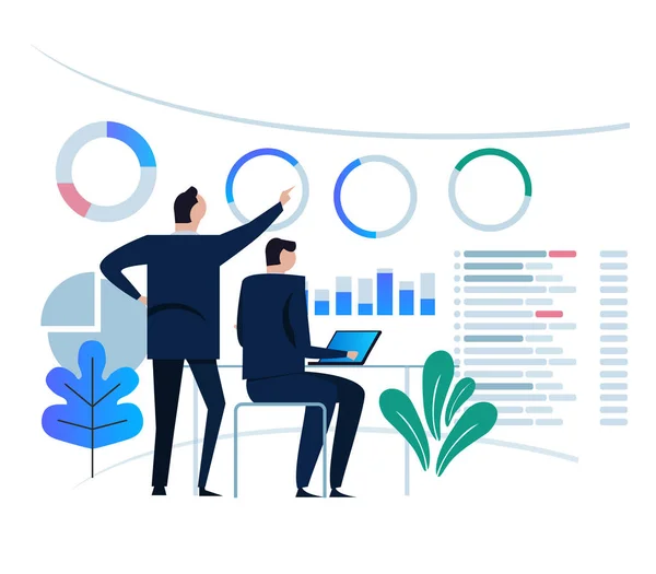 Concetto di business analytics design e riunione del team aziendale per lavorare sul monitor del cruscotto. grande obiettivo grafico su grande schermo. illustrazione piatta vettoriale . — Vettoriale Stock