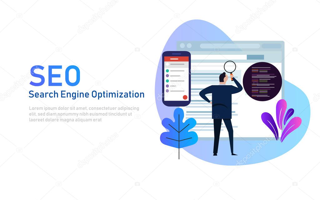 Modern flat design concept of SEO Search Engine Optimization for website and mobile website. Landing page template. Edit analyze code.