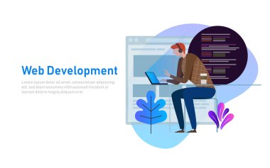 Dizüstü bilgisayarda program kodu ekranda çalışan kişi programcı. Kodlama ve vektör kavramı programlama. Web geliştirici yazılım çizimi